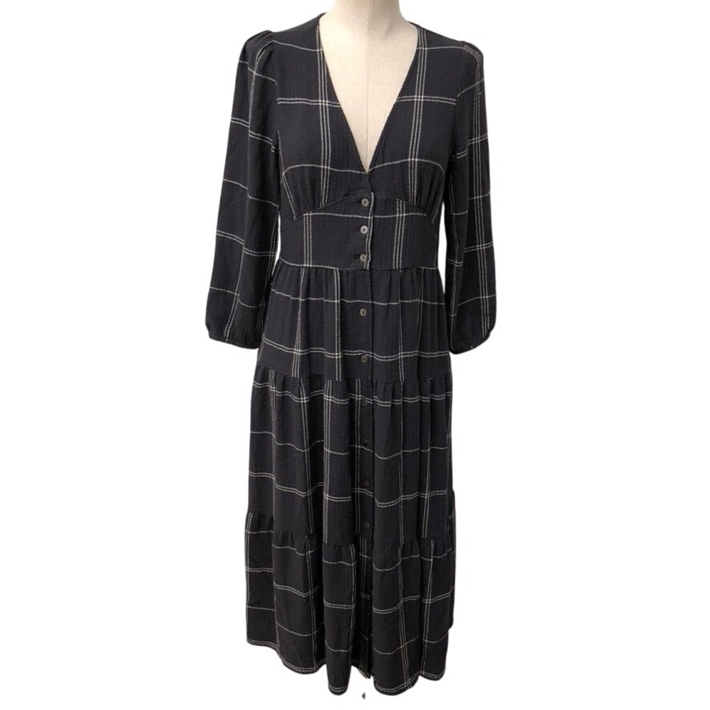 Marine Layer Midi Dress Womens Small Charcoal Gray Plaid V-Neck Tiered Boho